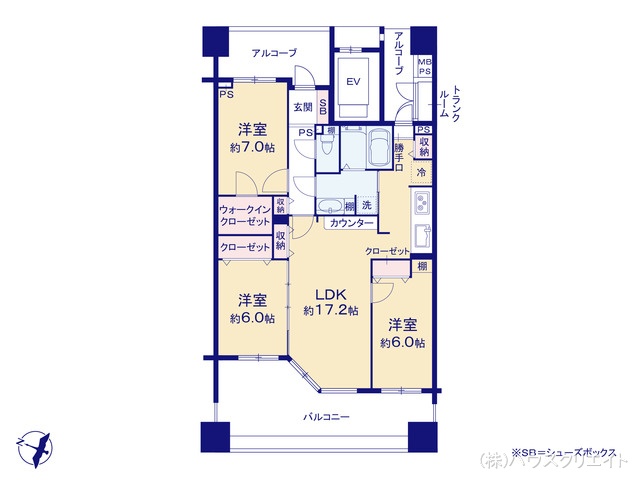 千葉県鎌ケ谷市東道野辺3丁目のマンション『レクセルガーデン鎌ケ谷ビューステージ』 3LDK間取図 ※図面と異なる場合は現況を優先