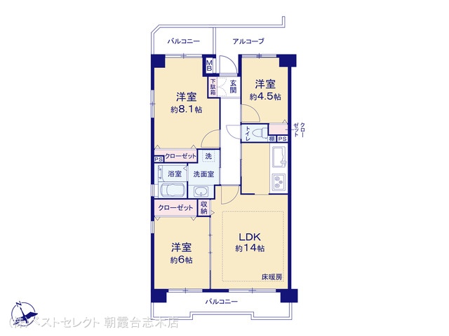 埼玉県新座市新堀３丁目のマンション『ヴィルヌーブ清瀬』 3LDK間取図 ※図面と異なる場合は現況を優先
