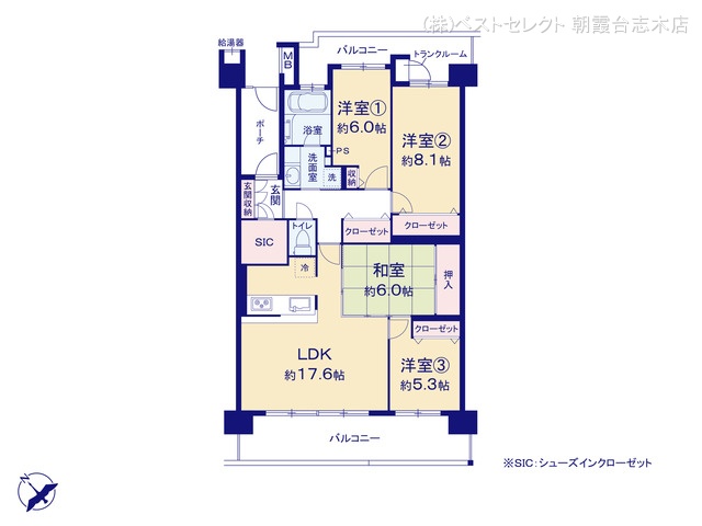 埼玉県和光市白子１丁目のマンション『グランヴィータ光が丘公園』 4LDK間取図 ※図面と異なる場合は現況を優先