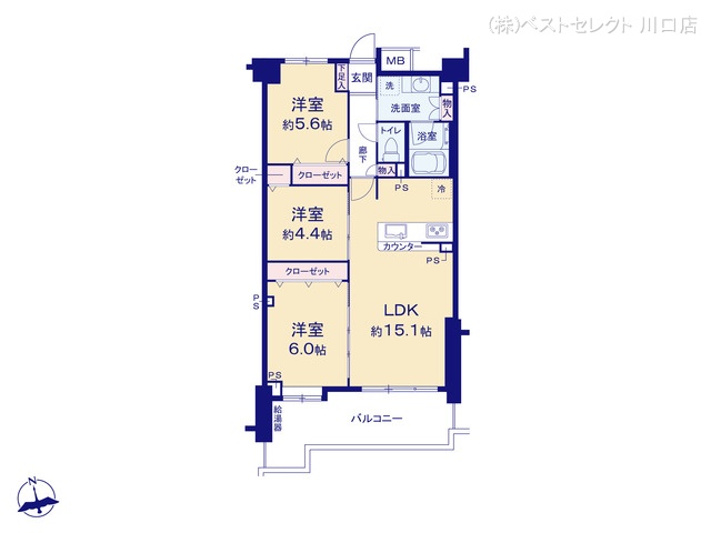埼玉県川口市元郷1丁目のマンション『レーベンハイム川口元郷サザンテラス』 3LDK間取図 ※図面と異なる場合は現況を優先