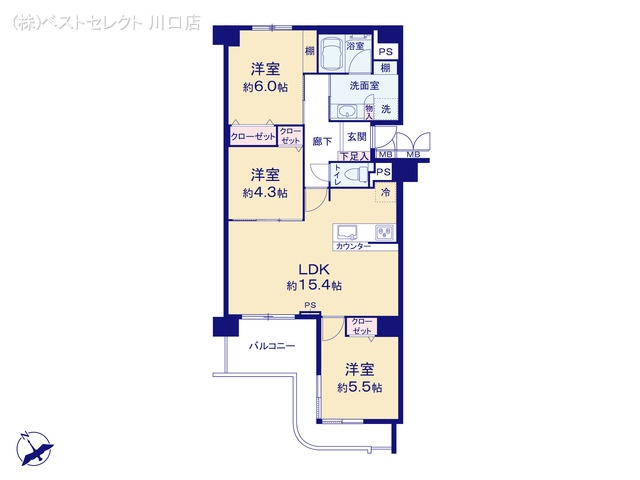 埼玉県戸田市本町5丁目のマンション『アルシオン戸田公園』 3LDK間取図 ※図面と異なる場合は現況を優先