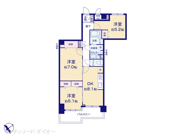 東京都江戸川区平井1丁目のマンション『ライオンズマンション平井』 3DK間取図 ※図面と異なる場合は現況を優先