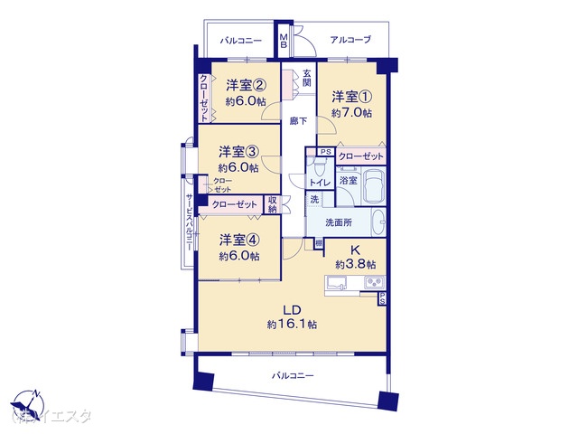愛知県名古屋市名東区高社１丁目のマンション『ユニロイヤル一社』 4LDK間取図 ※図面と異なる場合は現況を優先