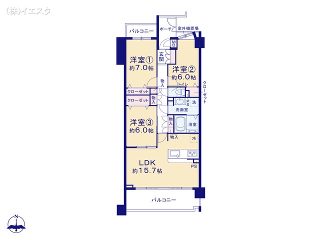 愛知県日進市香久山3丁目のマンション『香久山パークスクエアN棟』 3LDK間取図 ※図面と異なる場合は現況を優先
