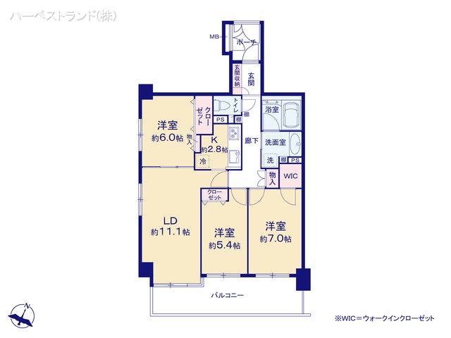 神奈川県相模原市南区双葉2丁目のマンション『コスモ相模大野パークステージ』 3LDK間取図 ※図面と異なる場合は現況を優先