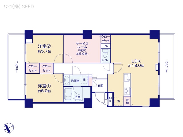 愛知県名古屋市瑞穂区山下通５丁目のマンション『ライオンズマンション瑞穂公園』 2SLDK間取図 ※図面と異なる場合は現況を優先