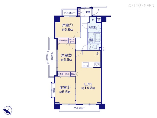 愛知県名古屋市千種区丸山町３丁目のマンション『ジーオー覚王山マンション』 3LDK間取図 ※図面と異なる場合は現況を優先