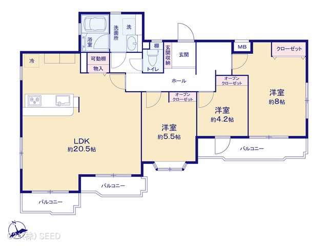 愛知県名古屋市千種区霞ケ丘１丁目のマンション『ヴェルデ霞ヶ丘2号棟』 3LDK間取図 ※図面と異なる場合は現況を優先