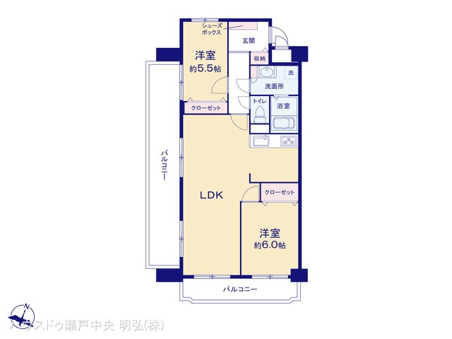 愛知県尾張旭市北原山町大久保見のマンション『ネオハイツ森林公園A棟』 2LDK間取図 ※図面と異なる場合は現況を優先