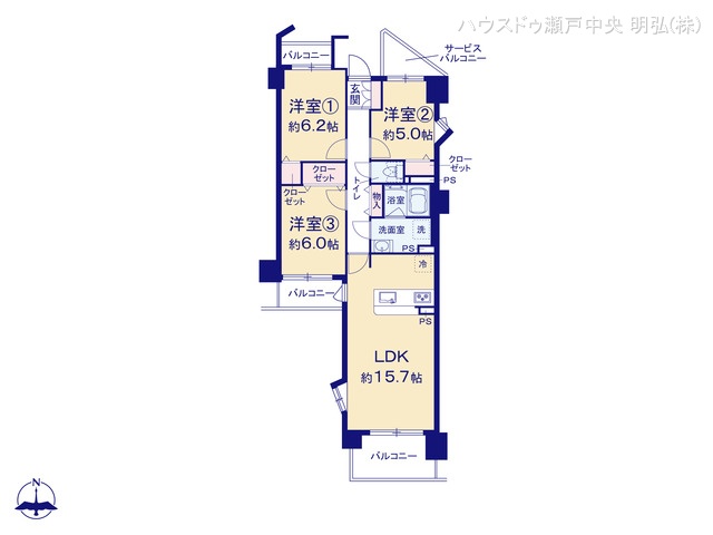 愛知県瀬戸市西松山町２丁目のマンション『野村新瀬戸ヒルズ・ウインザーズパークウエストウィング』 3LDK間取図 ※図面と異なる場合は現況を優先